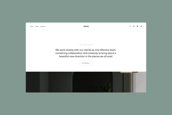 Modern website design template for an interior design firm displayed on a desktop screen, emphasizing collaboration and creativity.